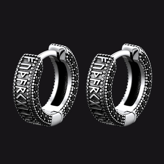 Sterling Silver Viking Runes Hoop Earrings With Black Zirconia for