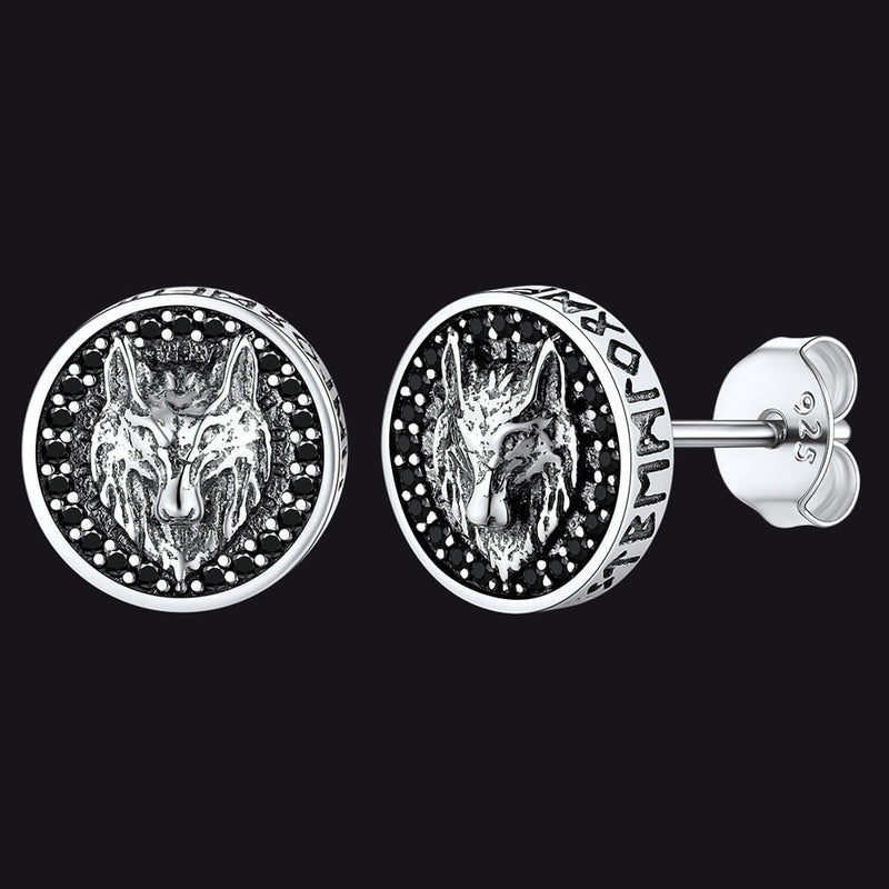 Sterling Silver Viking Wolf Head Stud Earrings for