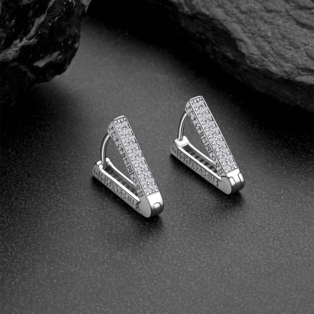Cubic Zirconia Triangle Huggie Hoop Earrings With Viking Runes for