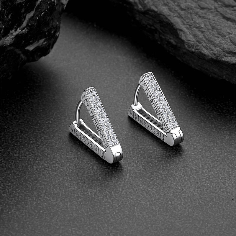 Cubic Zirconia Triangle Huggie Hoop Earrings With Viking Runes for
