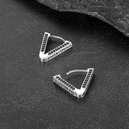 Sterling Silver Viking Triangle Huggie Hoop Earrings With Black Zirconia for