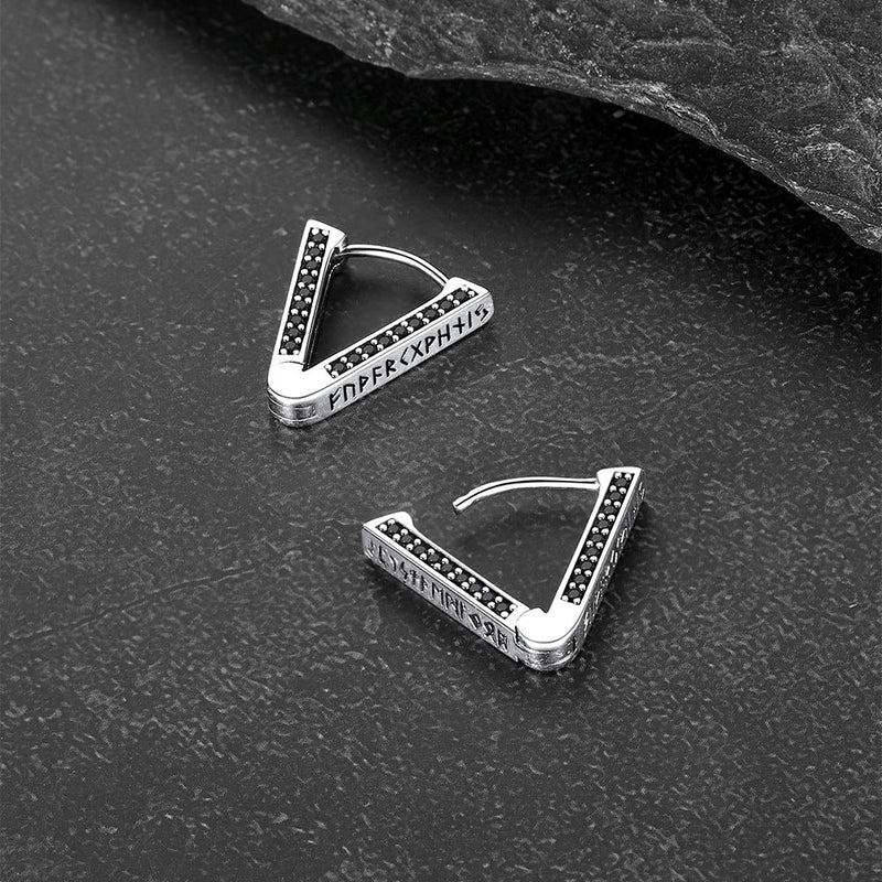 Sterling Silver Viking Triangle Huggie Hoop Earrings With Black Zirconia for