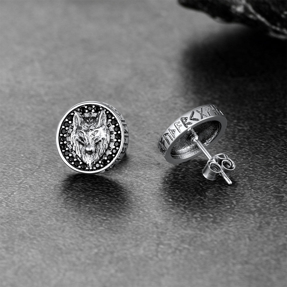 Sterling Silver Viking Wolf Head Stud Earrings for
