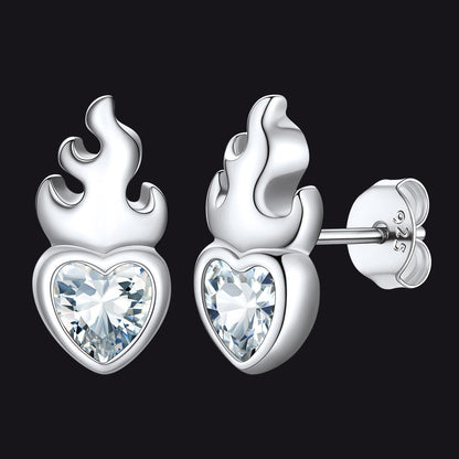 Sterling Silver Sacred Heart Flame Birthstone Earrings