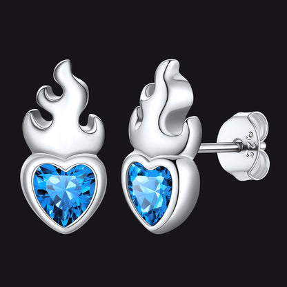 Sterling Silver Sacred Heart Flame Birthstone Earrings