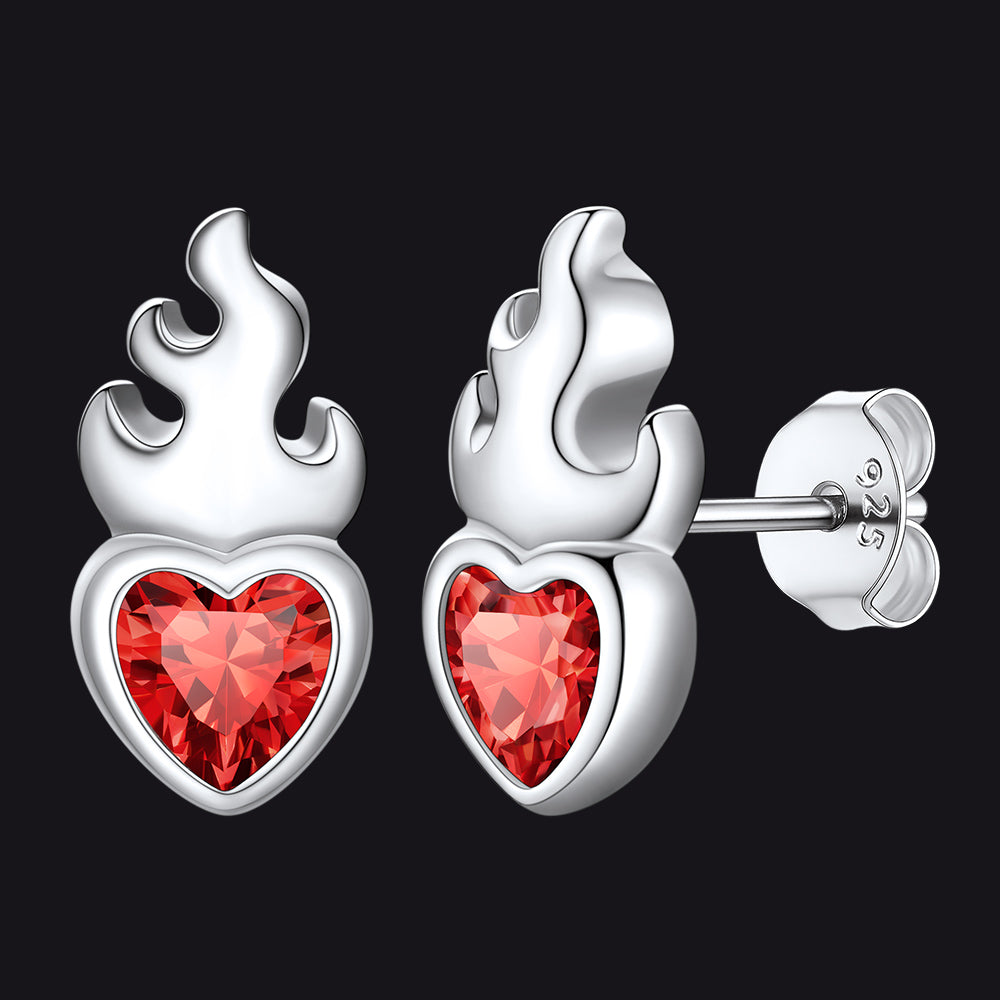 Sterling Silver Sacred Heart Flame Birthstone Earrings