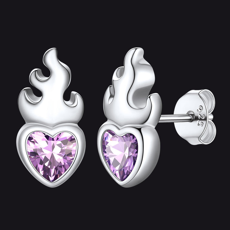 Sterling Silver Sacred Heart Flame Birthstone Earrings