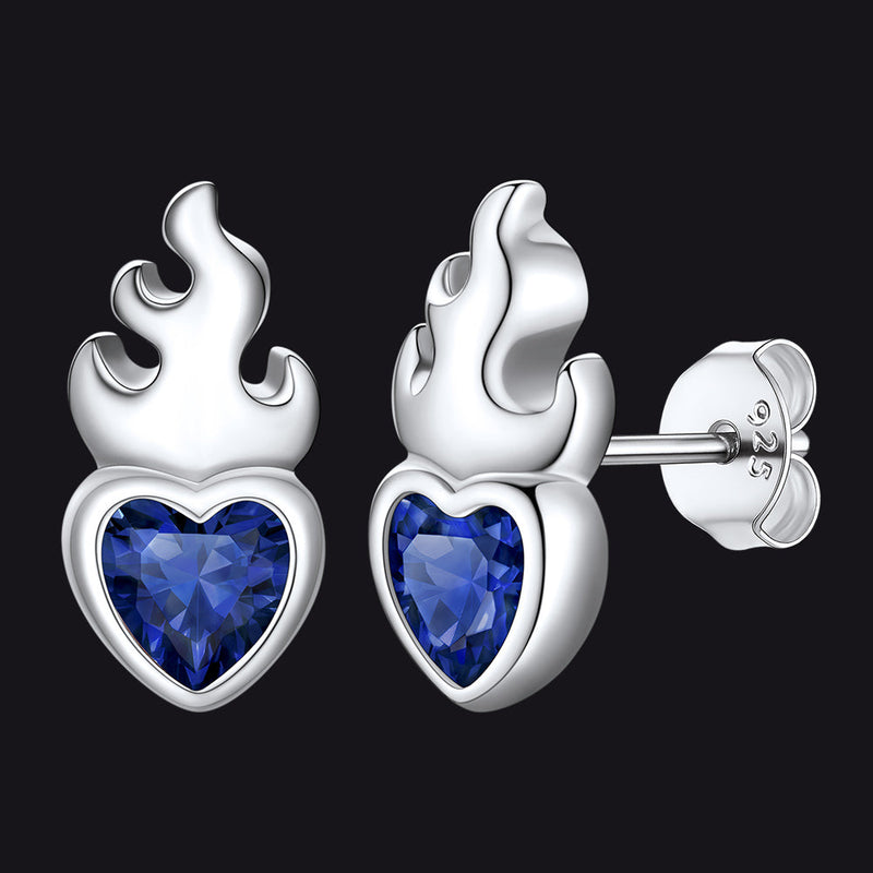 Sterling Silver Sacred Heart Flame Birthstone Earrings