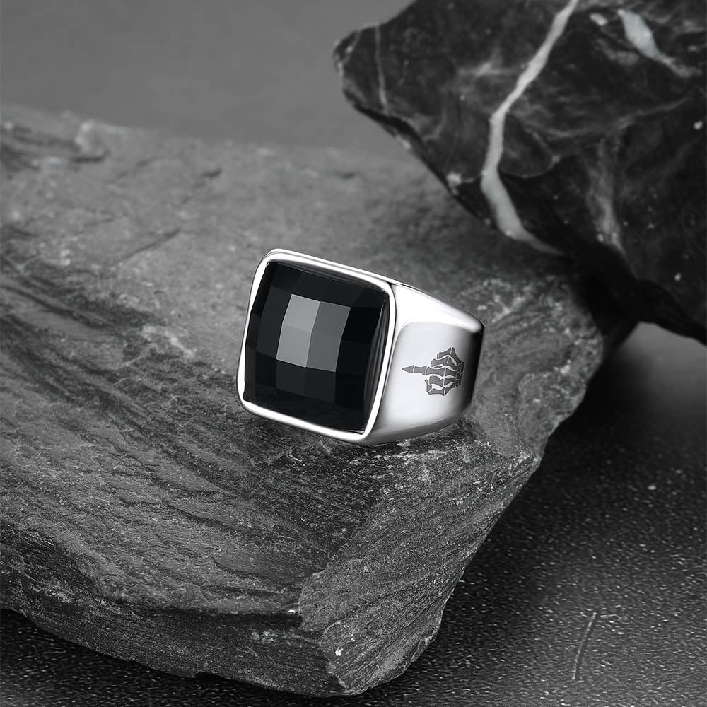 Engraved Black Onyx Signet Ring for Stainless Steel