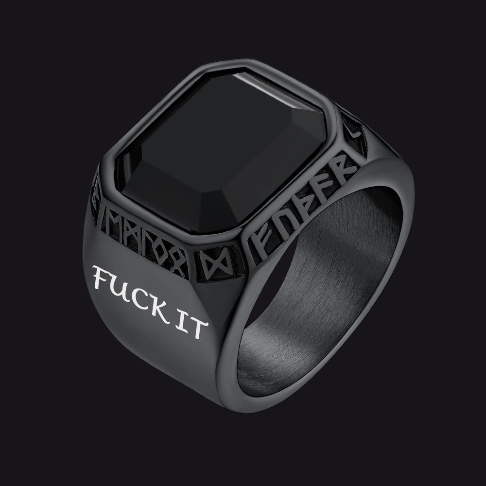 F*ck It Black Onyx Ring With Viking Runes for