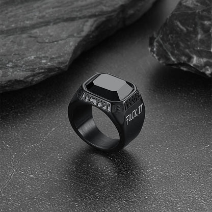 F*ck It Black Onyx Ring With Viking Runes for