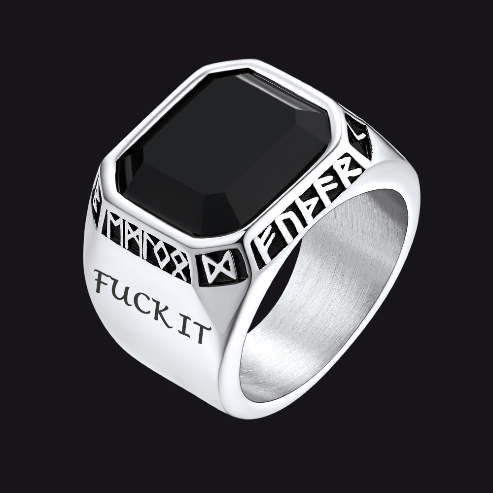 F*ck It Black Onyx Ring With Viking Runes for