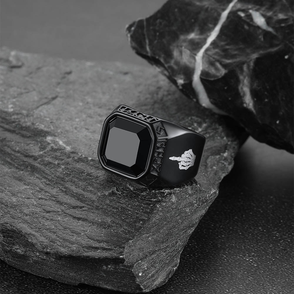 F*ck It Black Onyx Ring With Viking Runes for