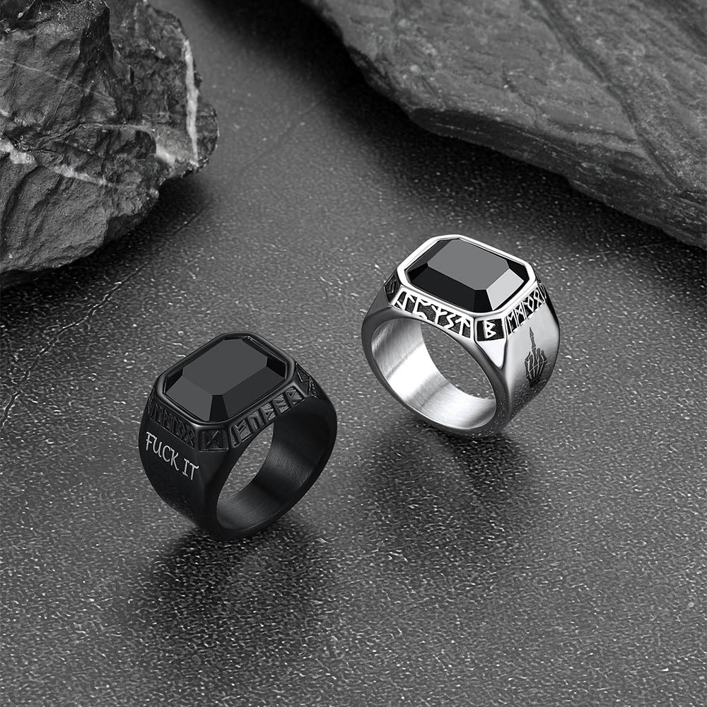 F*ck It Black Onyx Ring With Viking Runes for