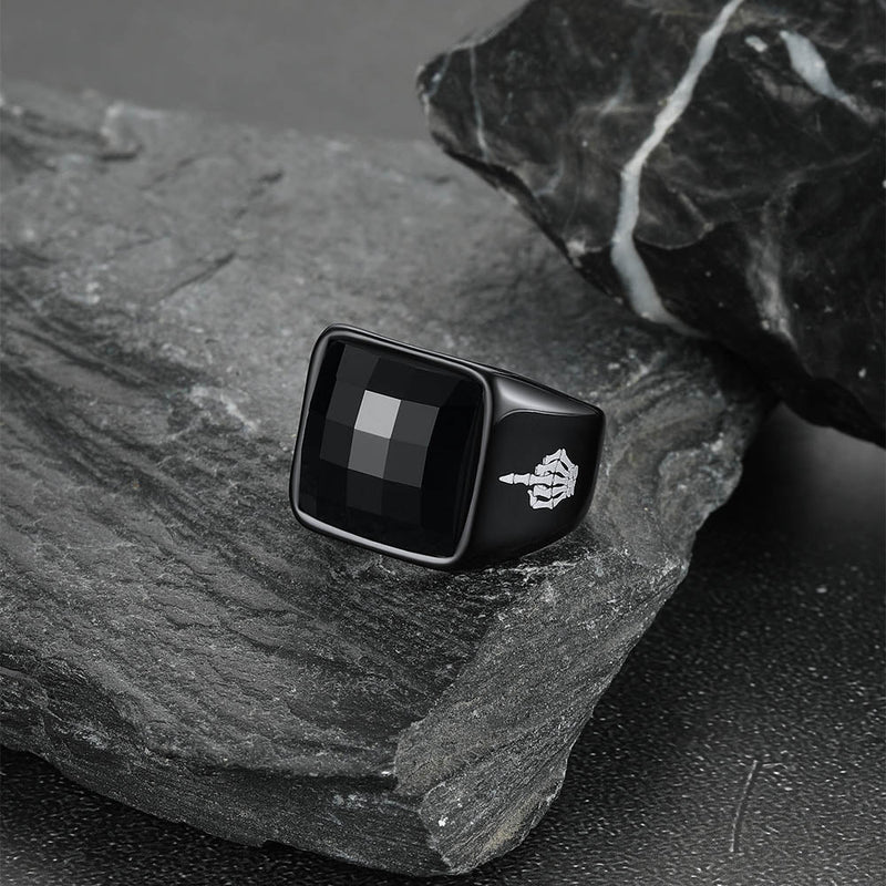 Engraved Black Onyx Signet Ring for Stainless Steel