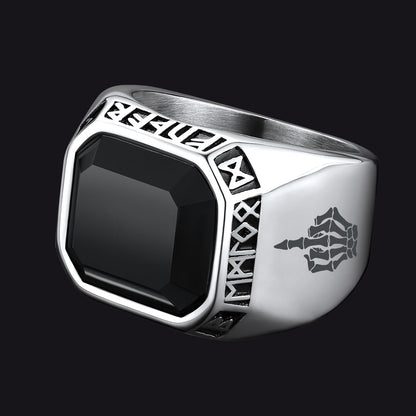 F*ck It Black Onyx Ring With Viking Runes for