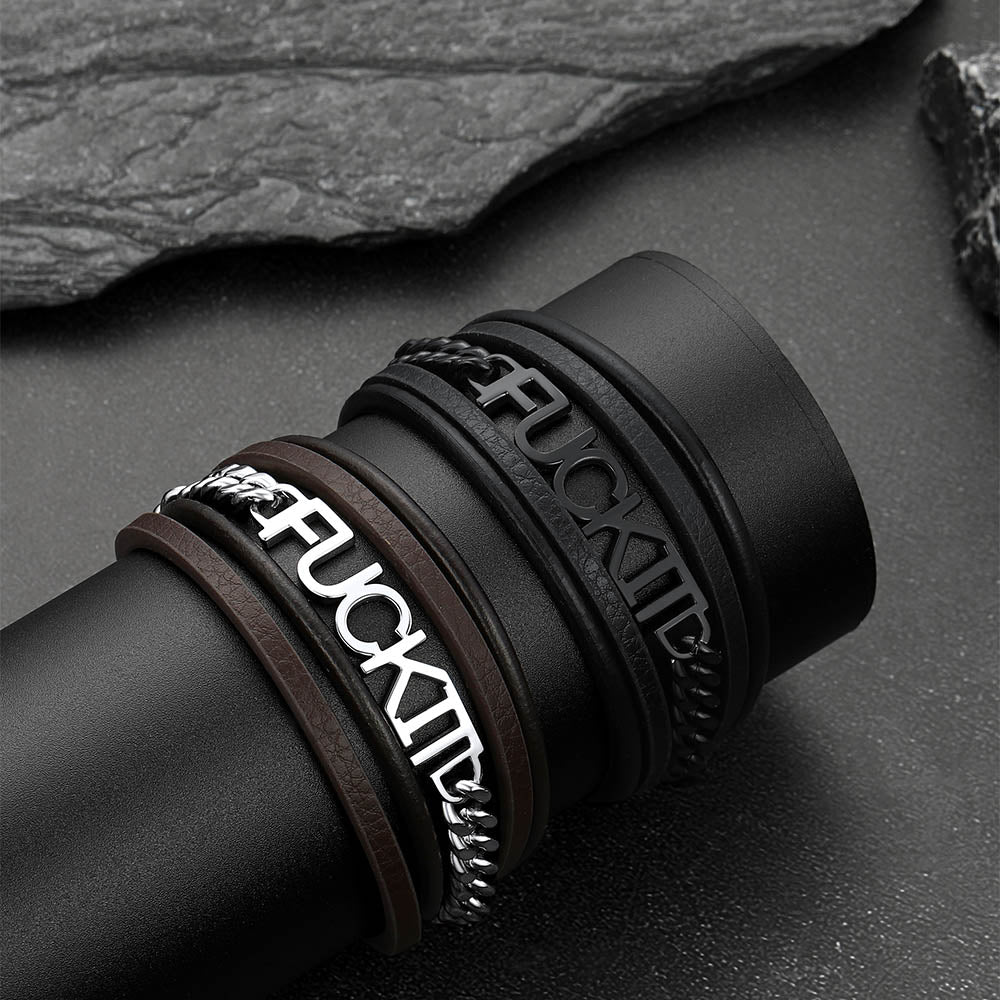 F*ck It Steel Chain Leather Bracelet for