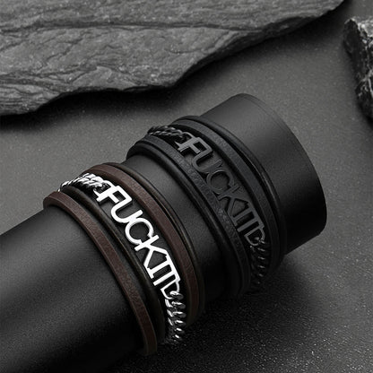 F*ck It Steel Chain Leather Bracelet for
