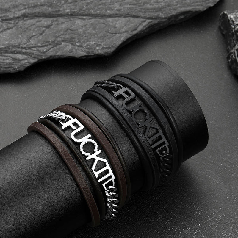 F*ck It Steel Chain Leather Bracelet for