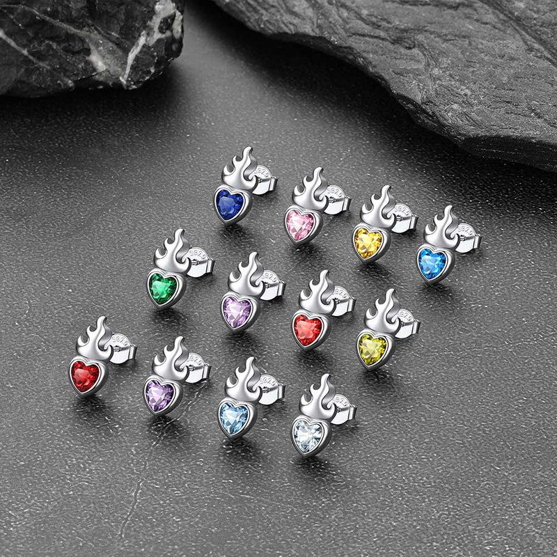 Sterling Silver Sacred Heart Flame Birthstone Earrings