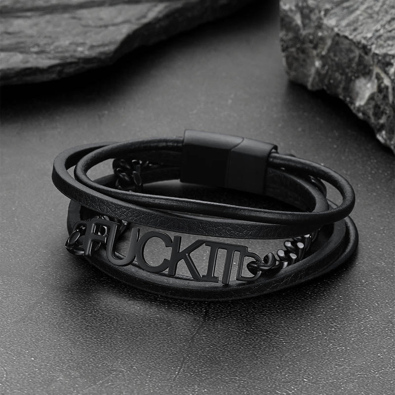 F*ck It Steel Chain Leather Bracelet for