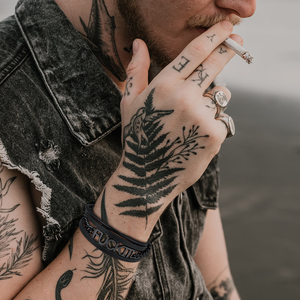F*ck It Steel Chain Leather Bracelet for