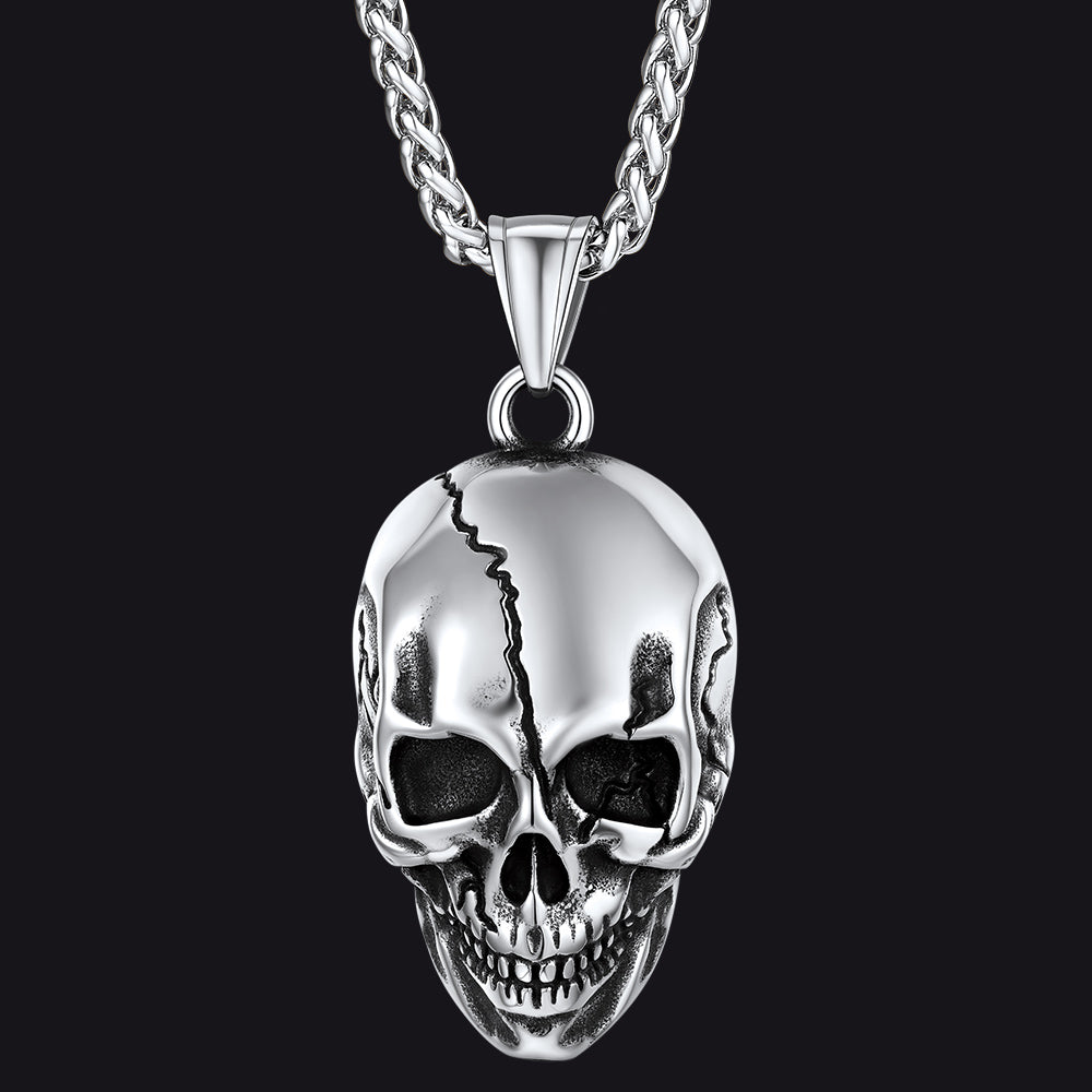 Gothic Skull Necklace With Fissured Skeleton Head for
