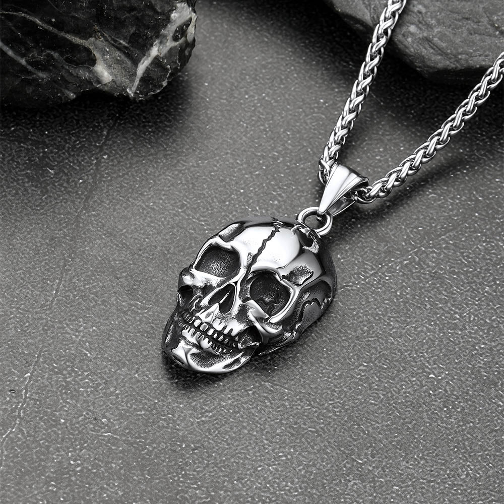 Gothic Skull Necklace With Fissured Skeleton Head for