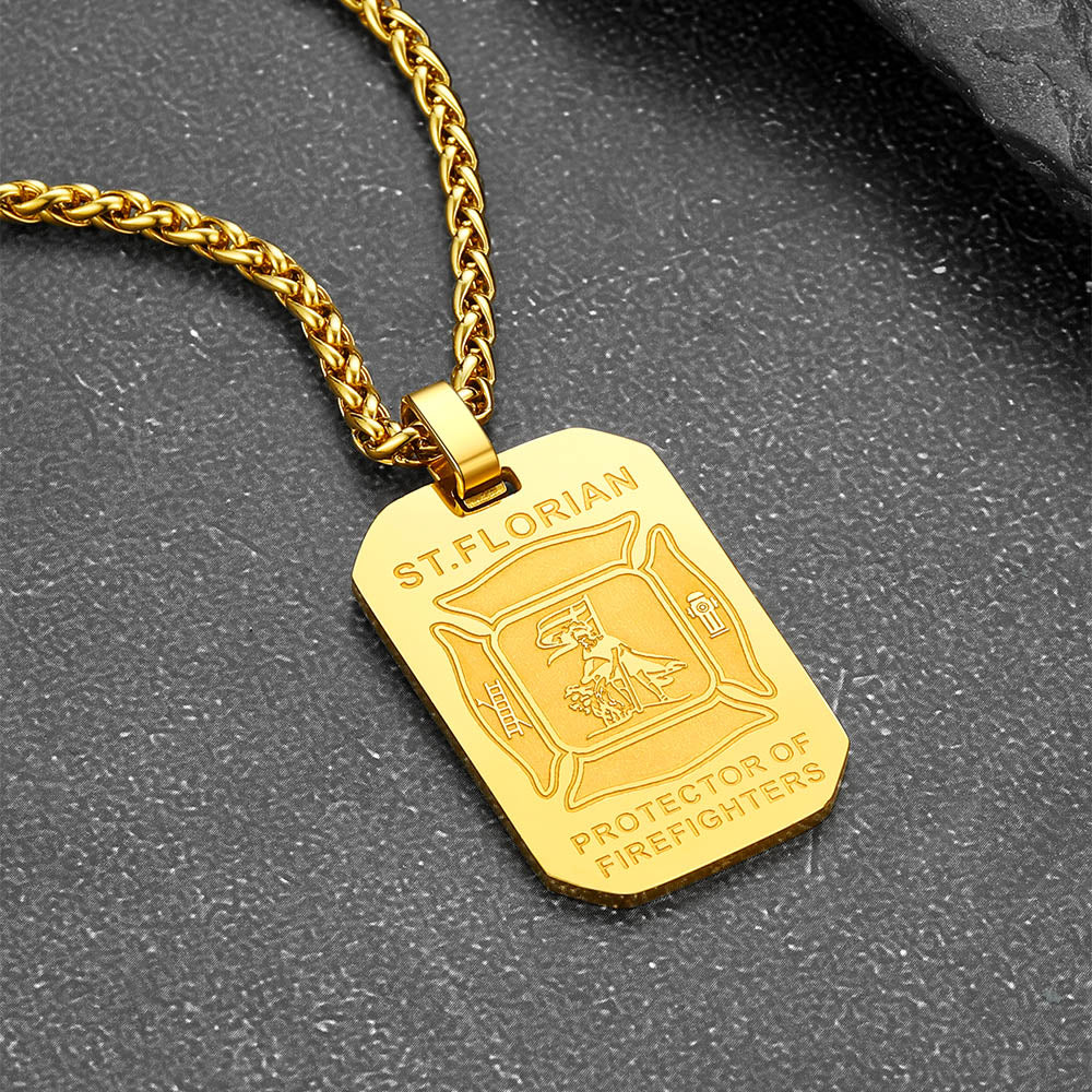 Engraved Saint Florian Firefighter Dog Tag Necklace for Firemen