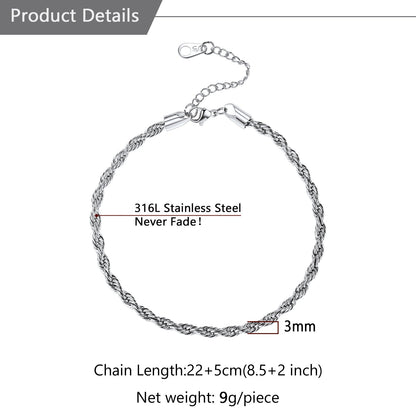 Stainless Steel Twisted Rope Chain Ankle Bracelet for Gift for Mom