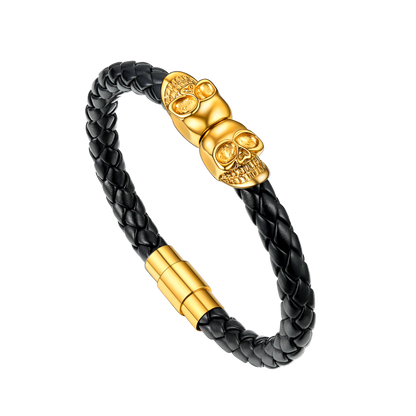 Black Braided Leather Bracelet With Skull for