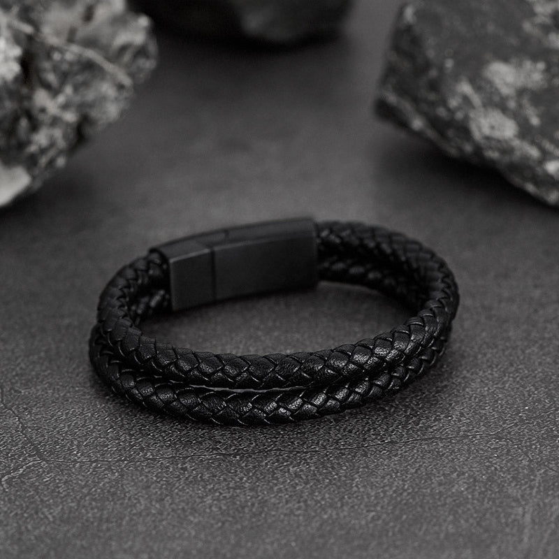 Engraved Custom Double Black Braided Leather Bracelet Cuff for Son