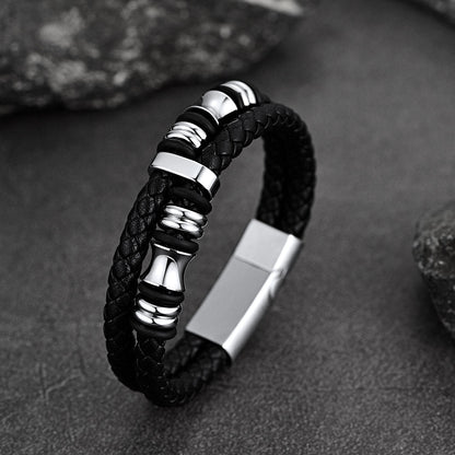 Engraved Black Braided Leather Bracelet Cuff Gift for