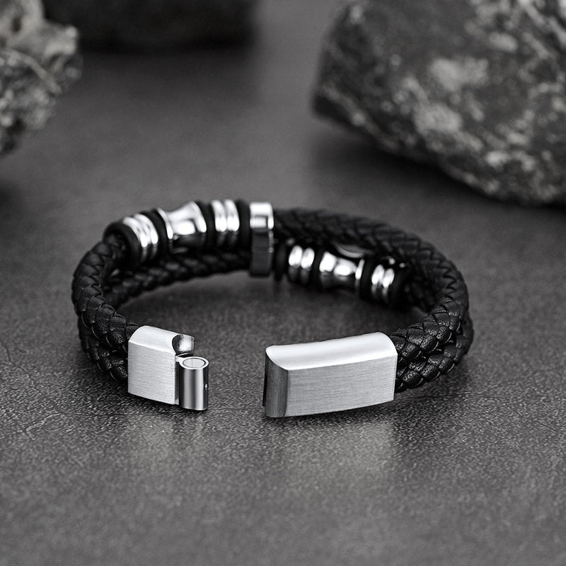 Engraved Black Braided Leather Bracelet Cuff Gift for