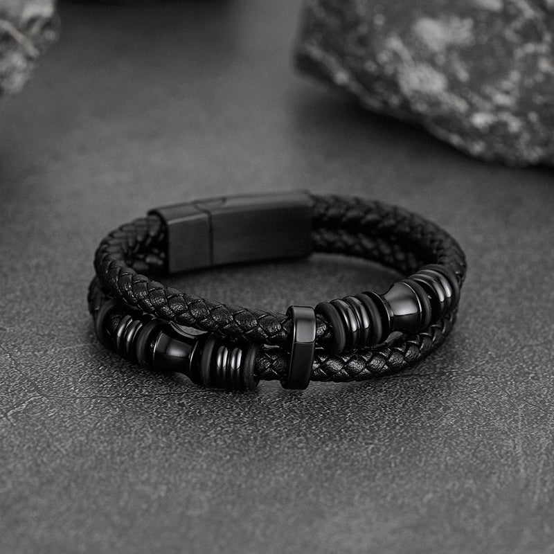 Engraved Black Braided Leather Bracelet Cuff Gift for