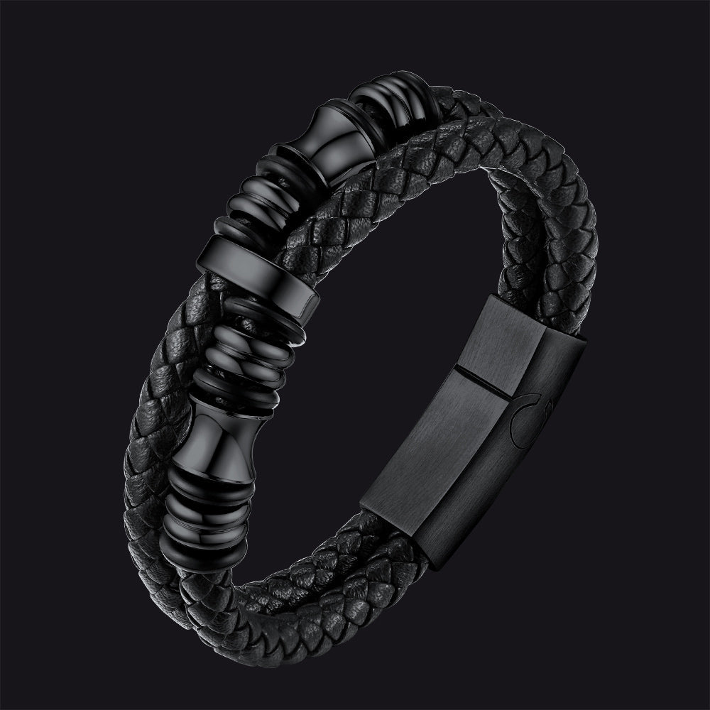 Viking Black Engraved Leather Braided Wristband Bracelet for