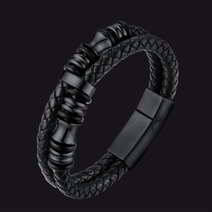 Viking Black Engraved Leather Braided Wristband Bracelet for