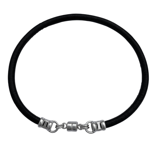Thick 3mm Wide Black Leather Bracelet With Sterling Silver Magnetic Clasp