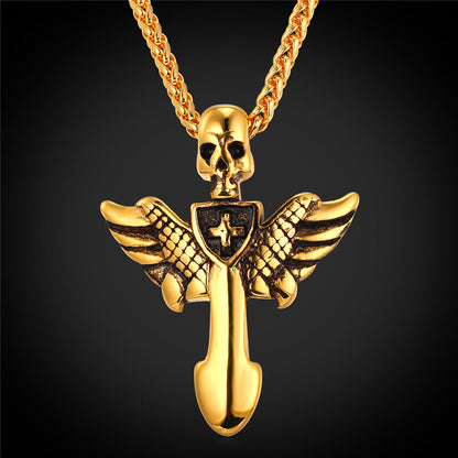 Gothic Skull Cross Necklace With Wing for