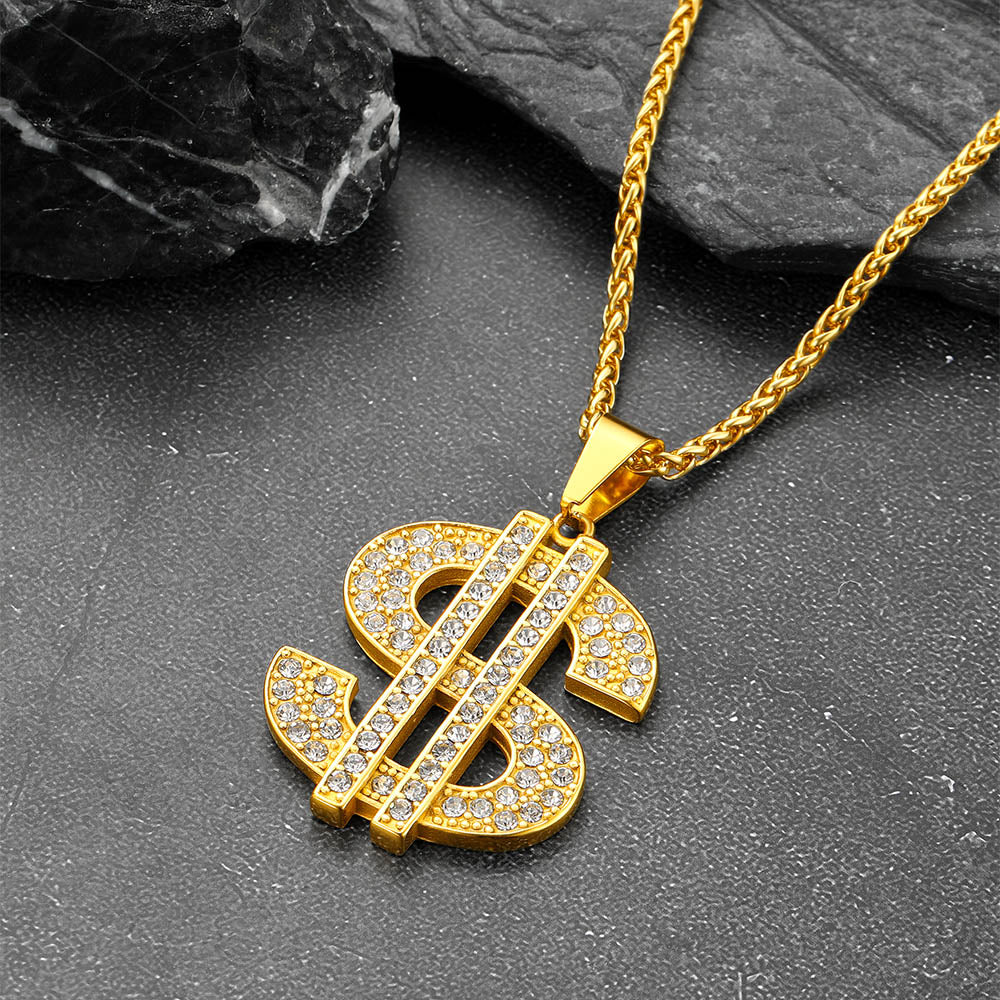 Hip Hop Full Cubic Zirconia Dollar Sign Necklace for