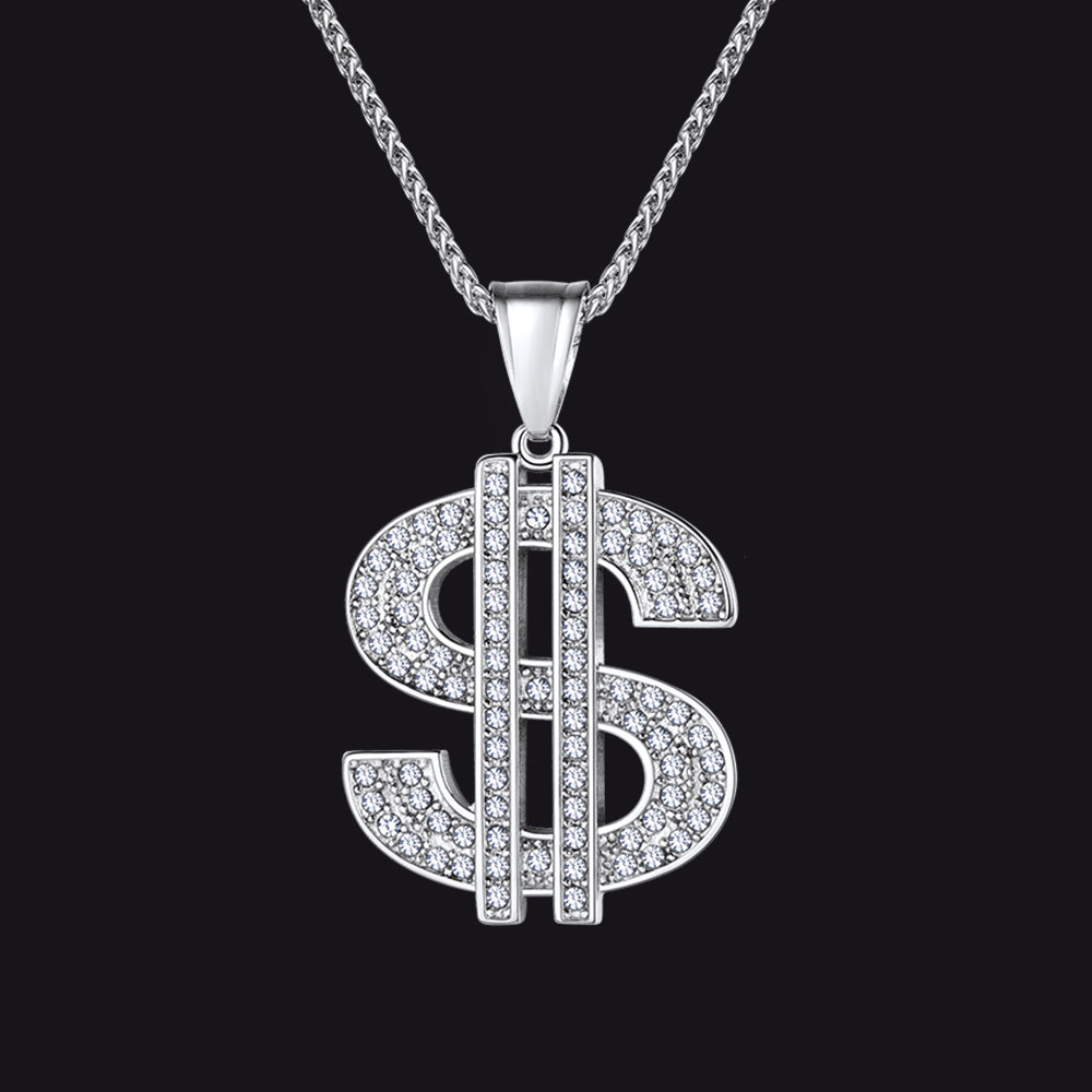 Hip Hop Full Cubic Zirconia Dollar Sign Necklace for