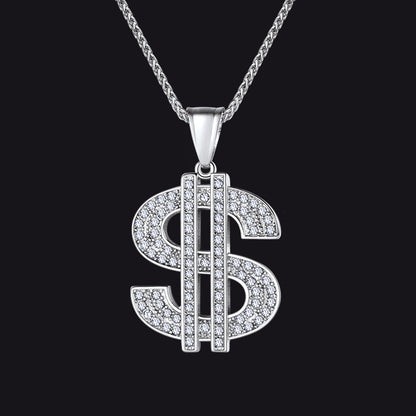 Hip Hop Full Cubic Zirconia Dollar Sign Necklace for
