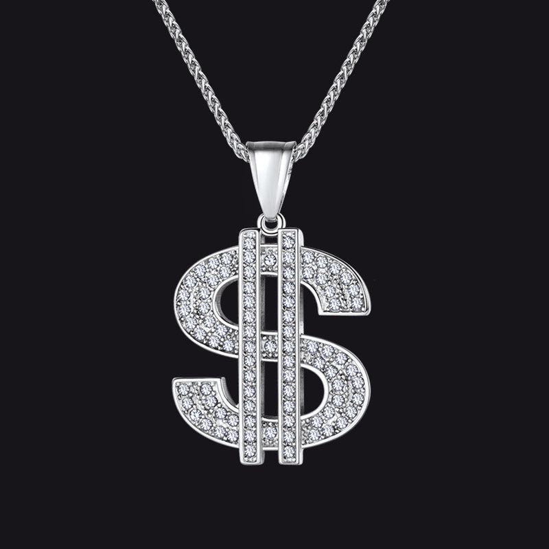 Hip Hop Full Cubic Zirconia Dollar Sign Necklace for