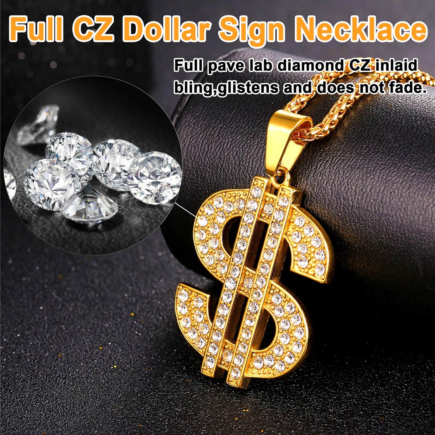 Hip Hop Full Cubic Zirconia Dollar Sign Necklace for