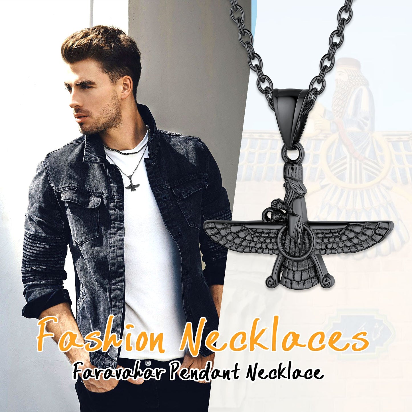 Stainless Steel Faravahar Ahura Mazda Pendant Necklace for