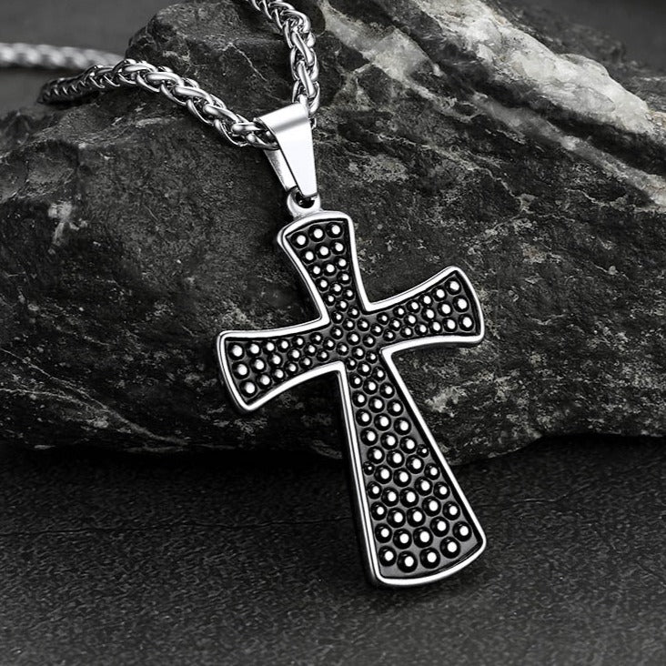 Thick Christ Simple Cross Necklace With Black Enamel Dotted
