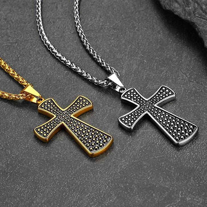 Thick Christ Simple Cross Necklace With Black Enamel Dotted