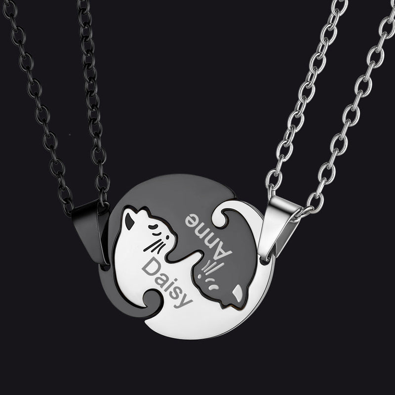 Custom Cat Matching Puzzle Necklace Engraved 2 Names Gift for Couple Girlfriend