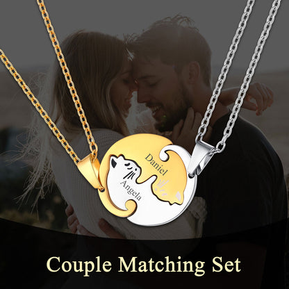 Custom Cat Matching Puzzle Necklace Engraved 2 Names Gift for Couple Girlfriend