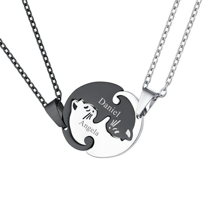 Custom Cat Matching Puzzle Necklace Engraved 2 Names Gift for Couple Girlfriend